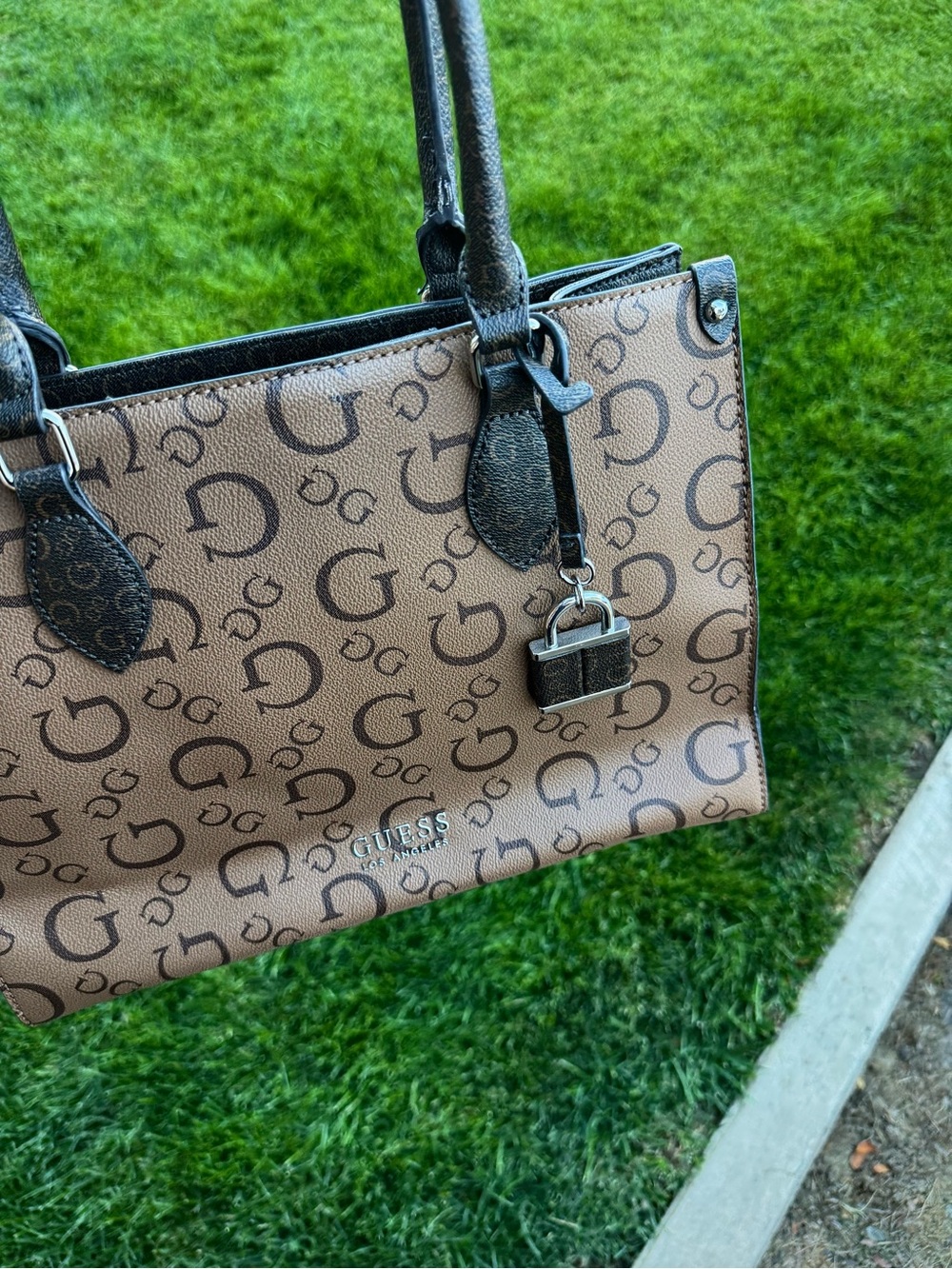 Guess Tan and Brown Logo Pattern Tote with Charm